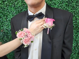 WC100 Pink Spray Rose Wrist Corsage and Boutonniere from Fabbrini's Flowers in Hoffman Estates, IL