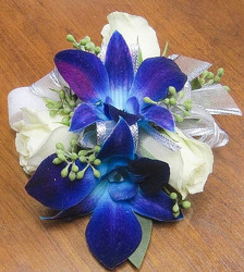 WC105 Blue Bomb Orchid & White Spray Rose Wrist Corsage from Fabbrini's Flowers in Hoffman Estates, IL