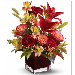 Fall square vase roses lilies F109 from Fabbrini's Flowers in Hoffman Estates, IL
