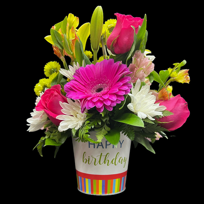 B222 small Happy Birthday tin from Fabbrini's Flowers in Hoffman Estates, IL