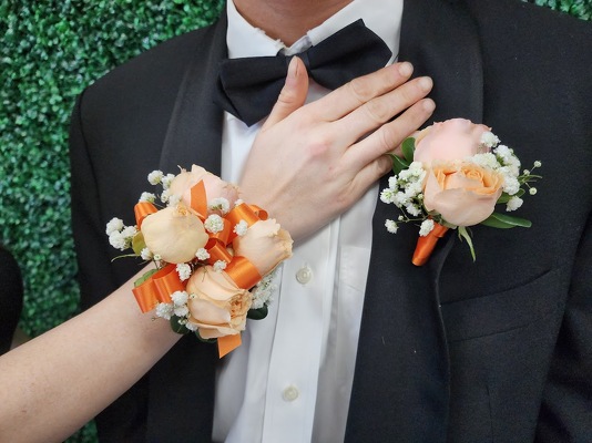 WC104 Peach Spray Rose Wrist Corsage and Boutonniere from Fabbrini's Flowers in Hoffman Estates, IL