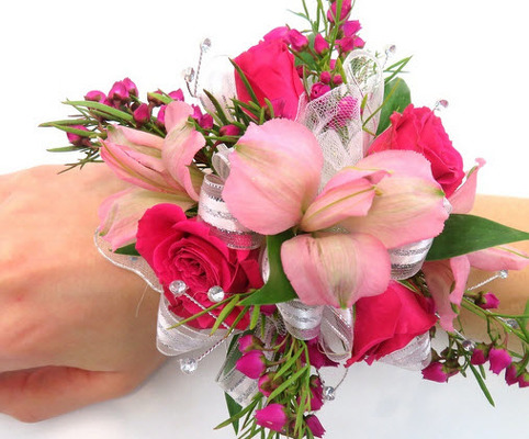 WC110 Hot Pink Spray Roses & Alstromeria Wrist Corsage from Fabbrini's Flowers in Hoffman Estates, IL