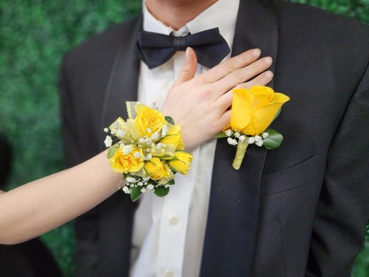 WC109 Yellow Spray Rose Wrist Corsage and Boutonniere from Fabbrini's Flowers in Hoffman Estates, IL