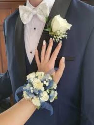 WC121 Blue Wrist Corsage and Boutonniere from Fabbrini's Flowers in Hoffman Estates, IL