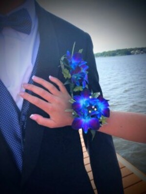 WC117 Blue Orchids Wrist Corsage and Boutonniere from Fabbrini's Flowers in Hoffman Estates, IL