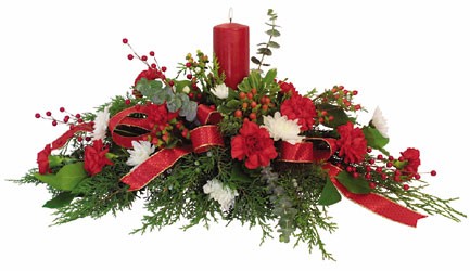 Christmas Long and Low with pillar candle C102 from Fabbrini's Flowers in Hoffman Estates, IL