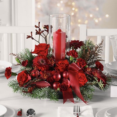 C107 Christmas Centerpiece with pillar candle and hurricane  from Fabbrini's Flowers in Hoffman Estates, IL