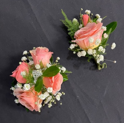 WC104 Peach Spray Rose Wrist Corsage and Boutonniere from Fabbrini's Flowers in Hoffman Estates, IL