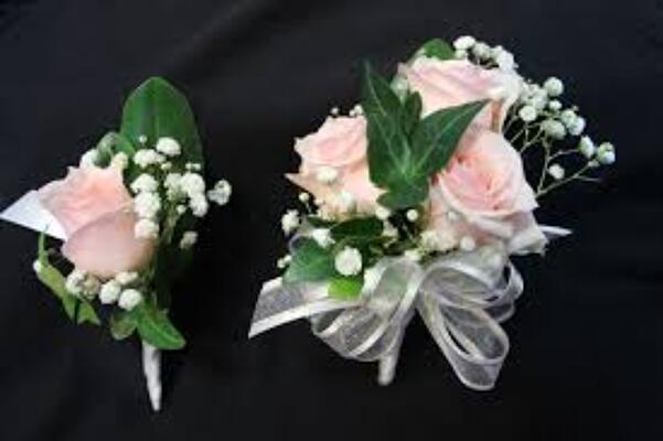 WC100 Pink Spray Rose Wrist Corsage and Boutonniere from Fabbrini's Flowers in Hoffman Estates, IL