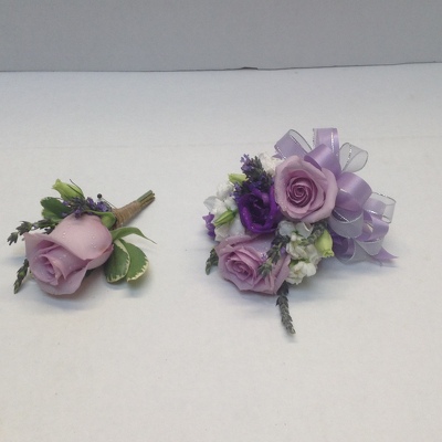 WC111 Purple Spray Rose Wrist Corsage and Boutonniere from Fabbrini's Flowers in Hoffman Estates, IL