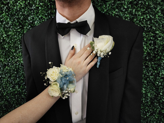 WC119 White Spray Rose Wrist Corsage and Boutonniere from Fabbrini's Flowers in Hoffman Estates, IL