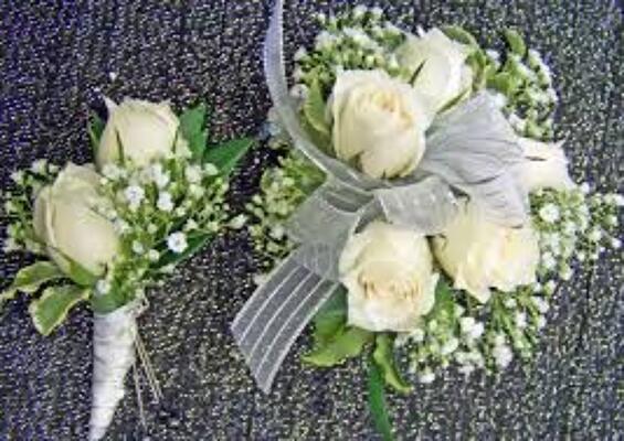 WC101 White Spray Rose Wrist Corsage and Boutonniere from Fabbrini's Flowers in Hoffman Estates, IL