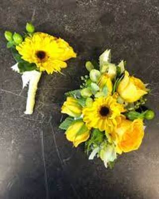 WC109 Yellow Spray Rose Wrist Corsage and Boutonniere from Fabbrini's Flowers in Hoffman Estates, IL